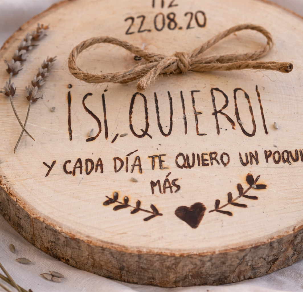 Porta alianzas sí quiero madera pirograbado detalle texto artesanal