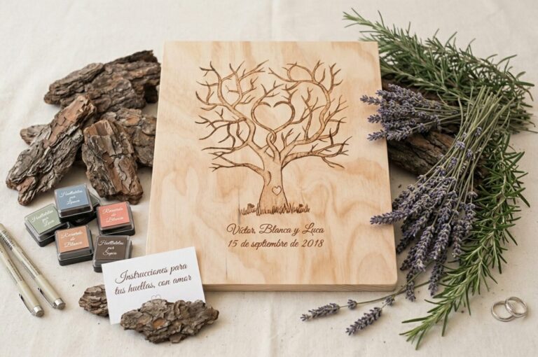 Árbol de huellas para boda grabado a mano en madera