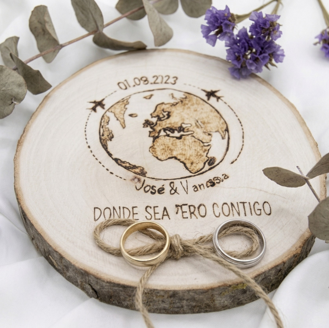 Porta alianzas madera personalizado mundo viajero vista lateral detalle