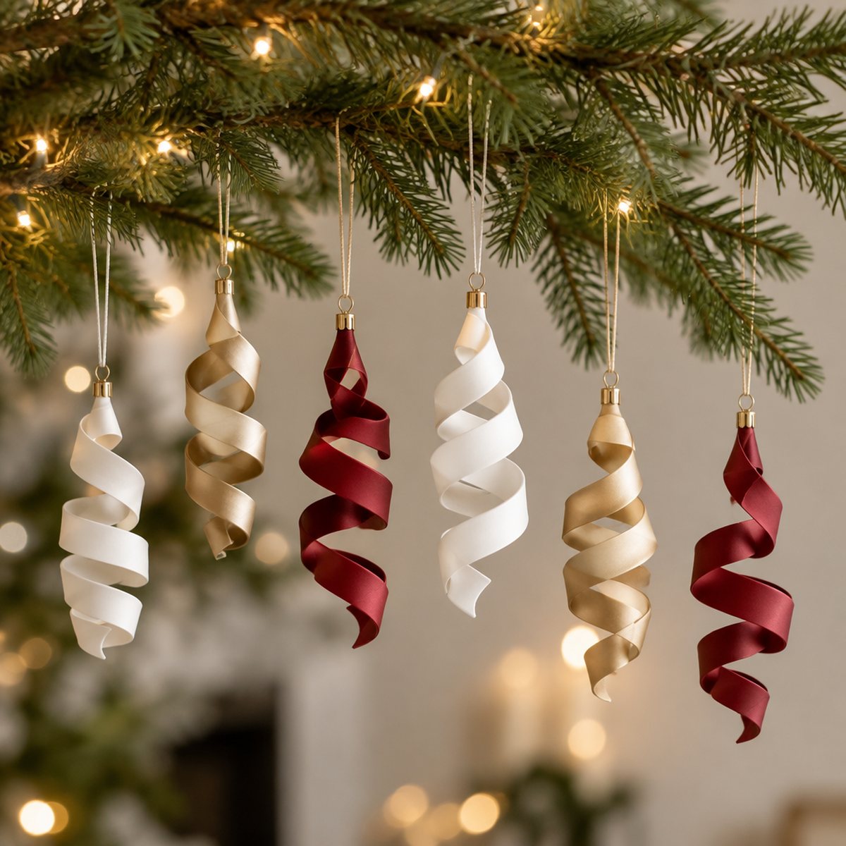 Adornos de Navidad en espiral en blanco, dorado champán y rojo colgados de una rama de pino