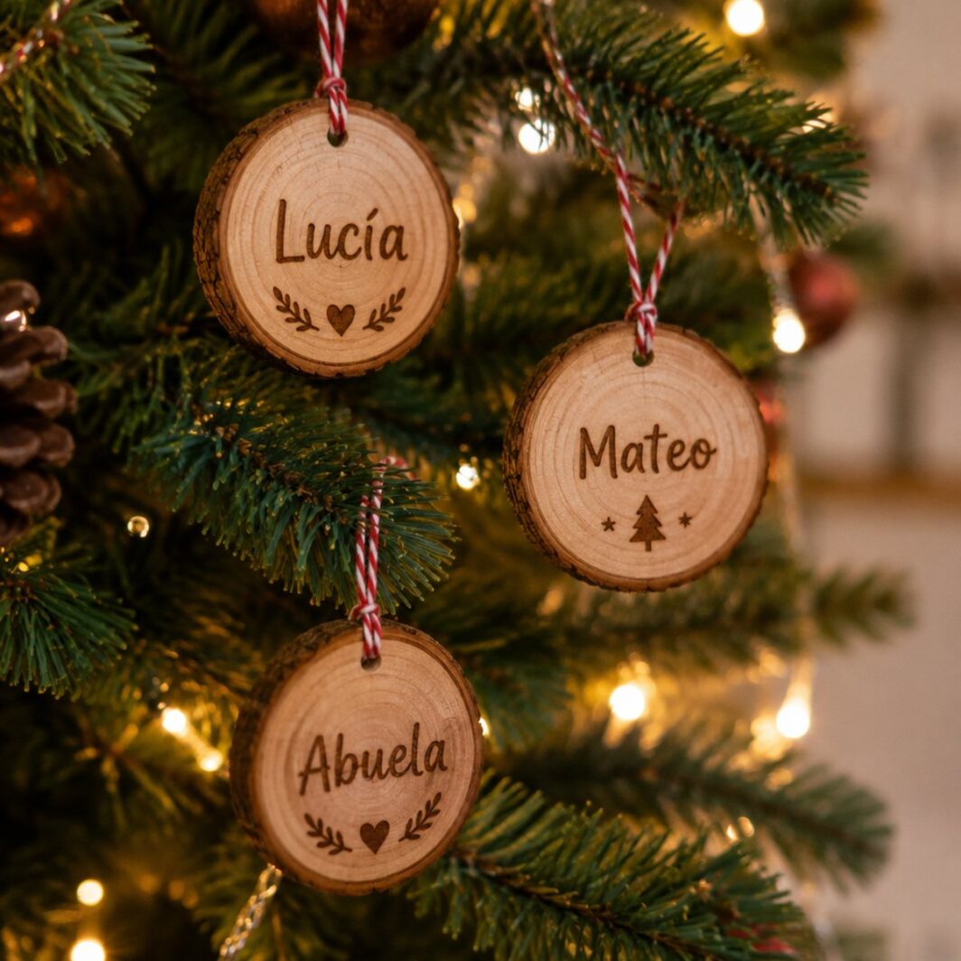 Adornos de madera con nombres pirograbados colgados en un árbol de Navidad con luces cálidas