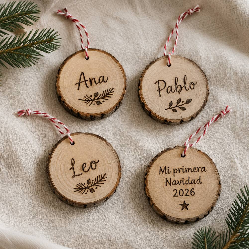 Cuatro adornos de Navidad de rodaja de madera con los nombres Ana, Pablo, Leo y «Mi primera Navidad 2026» pirograbados