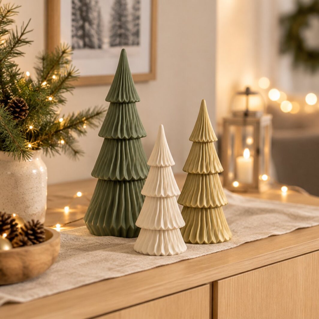 Tres árboles de Navidad de mesa con relieve de ondas en verde salvia, crema y oro pálido sobre un aparador