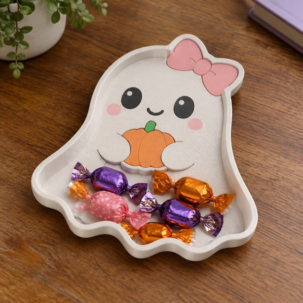 Bandeja con forma de fantasma kawaii con lazo rosa y una calabacita, con caramelos envueltos dentro