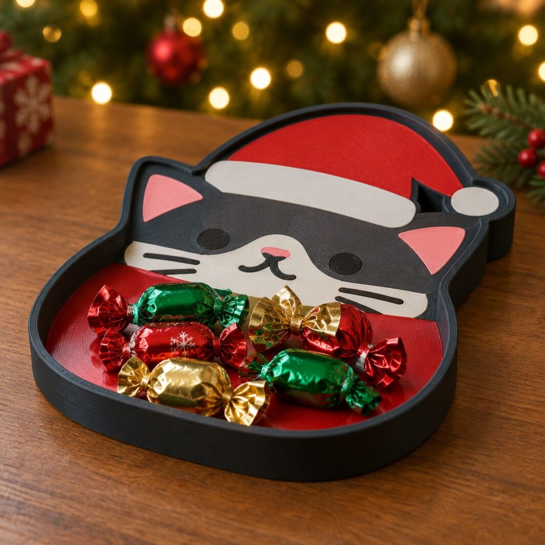 Bandeja joyero con forma de gato con gorro de Papá Noel con caramelos envueltos junto a un árbol de Navidad