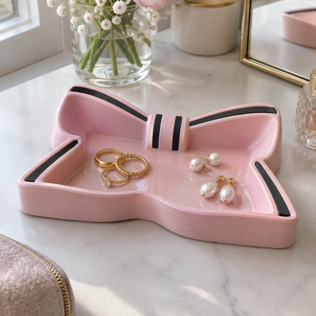 Bandeja joyero con forma de lazo rosa palo con rayas negras y anillos dentro sobre una cómoda