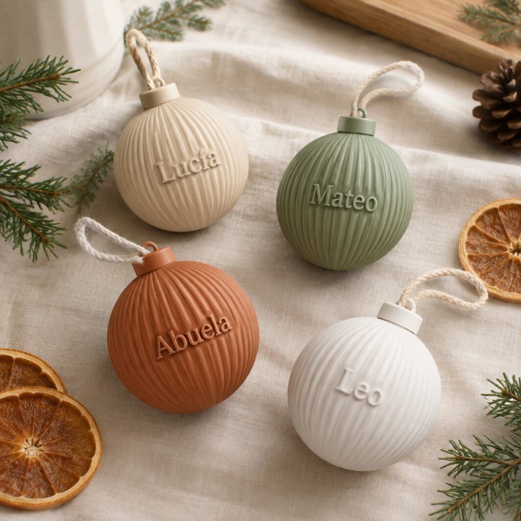 Cuatro bolas de Navidad nórdicas en crema, salvia, terracota y blanco con los nombres Lucía, Mateo, Abuela y Leo