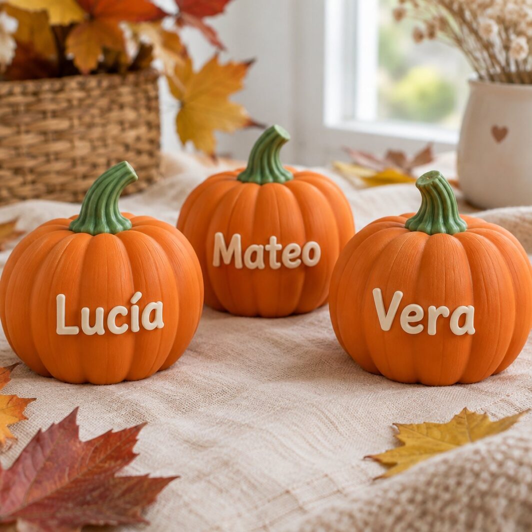 Tres calabazas naranjas con los nombres Lucía, Mateo y Vera en relieve