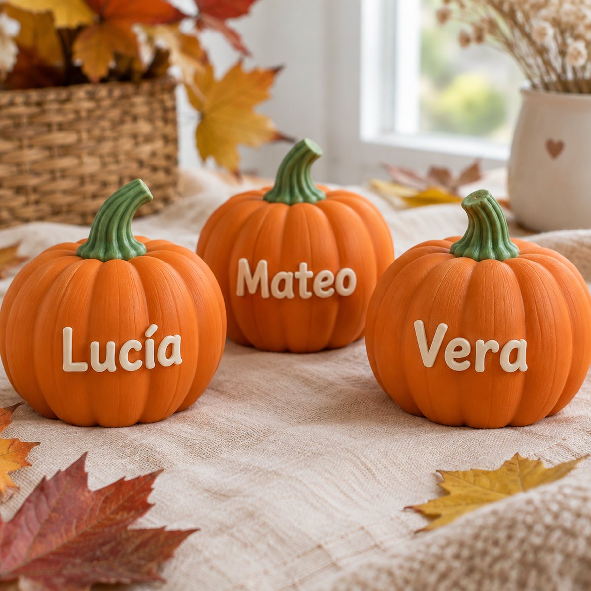 Tres calabazas naranjas con los nombres Lucía, Mateo y Vera en relieve
