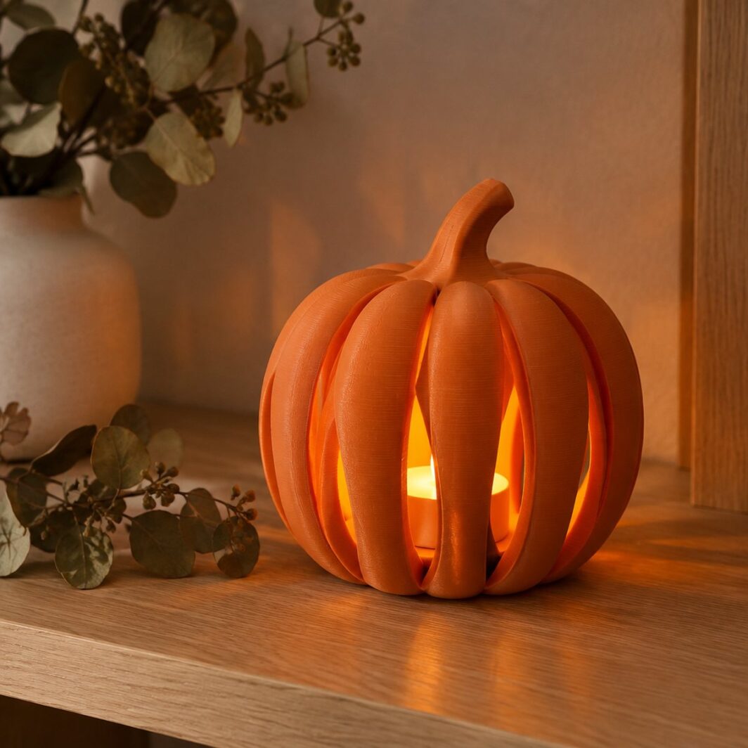 Calabaza de rayas en naranja mate con una vela LED encendida que deja pasar la luz por sus ranuras