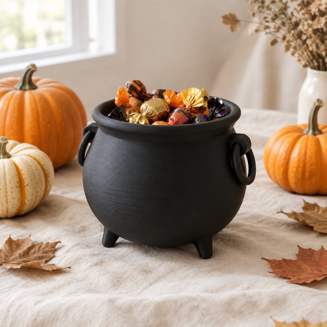 Caldero de bruja negro mate lleno de caramelos envueltos junto a pequeñas calabazas