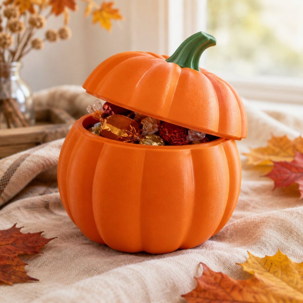 Caramelera con forma de calabaza naranja con tapa y tallo verde sobre una mesa