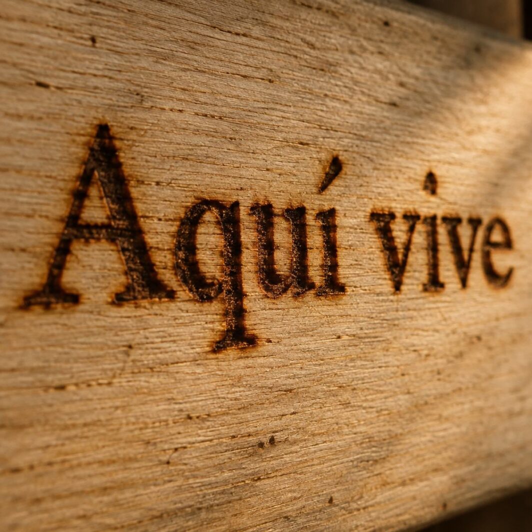Detalle de las letras del cartel «Aquí vive» pirograbadas a mano en madera