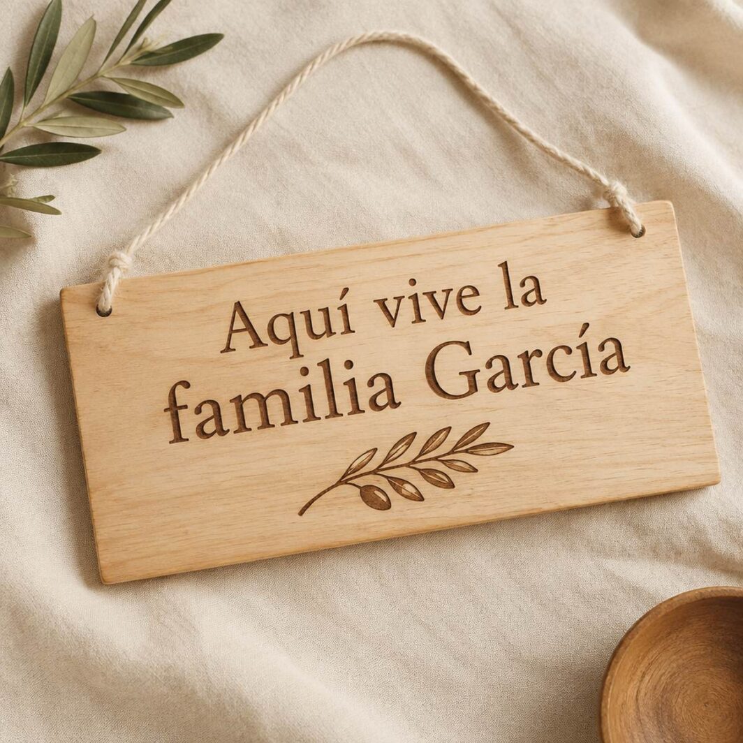 Cartel de madera colgante con el texto «Aquí vive la familia García» y una rama de olivo pirograbados a mano