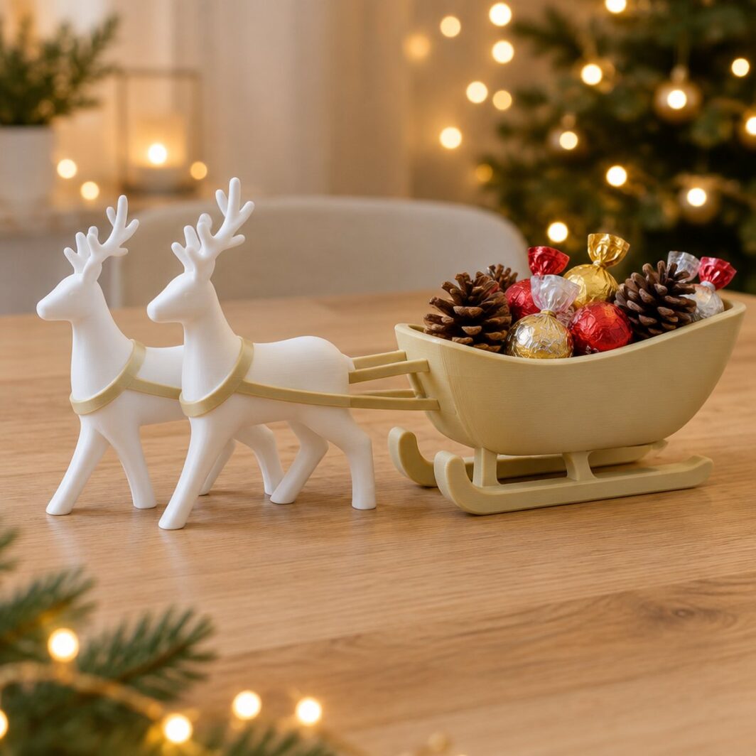Centro de mesa navideño con dos renos blancos tirando de un trineo dorado mate lleno de bombones y piñas