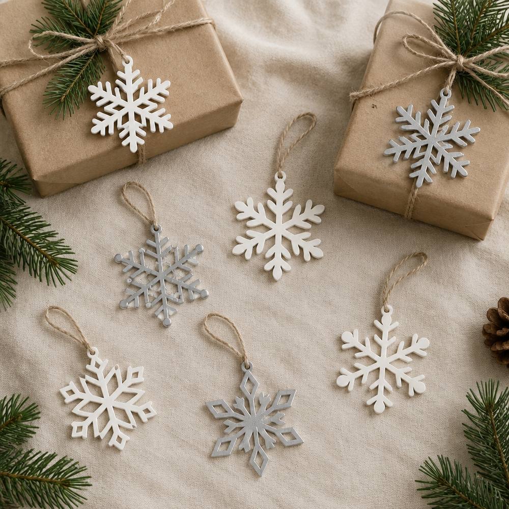 Seis copos de nieve en blanco y plata, dos de ellos atados a regalos envueltos en papel kraft