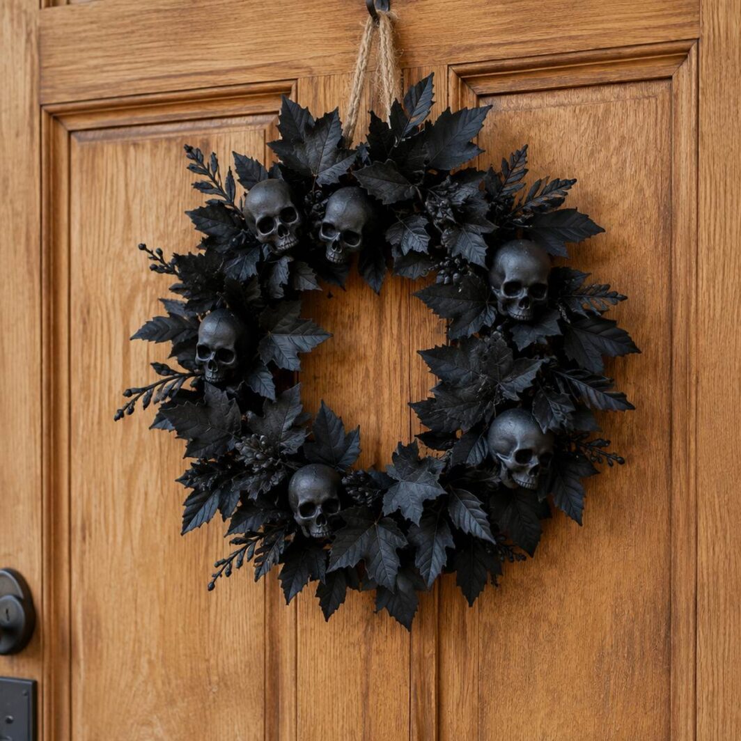 Corona de Halloween negra mate con pequeñas calaveras y hojas colgada en una puerta de madera