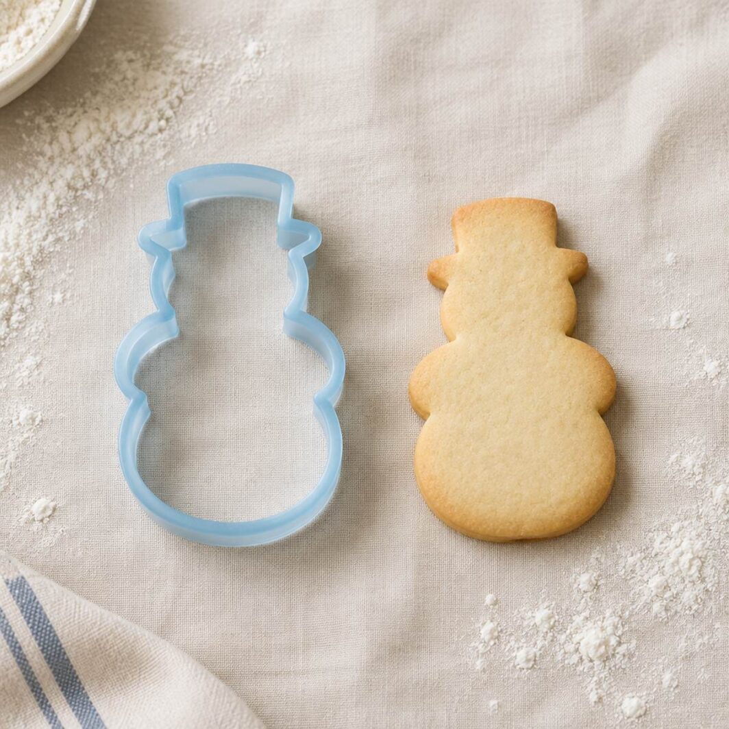 Cortador de galletas con forma de muñeco de nieve junto a una galleta horneada con la misma forma