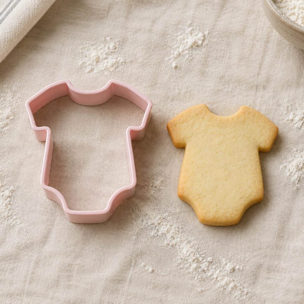 Cortador de galletas con forma de body junto a una galleta horneada con la misma forma