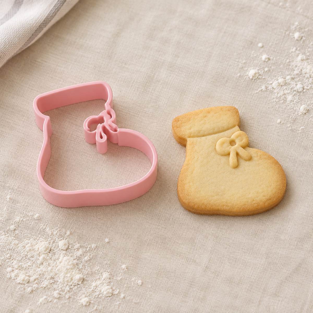 Cortador de galletas con forma de patuco junto a una galleta horneada con la misma forma