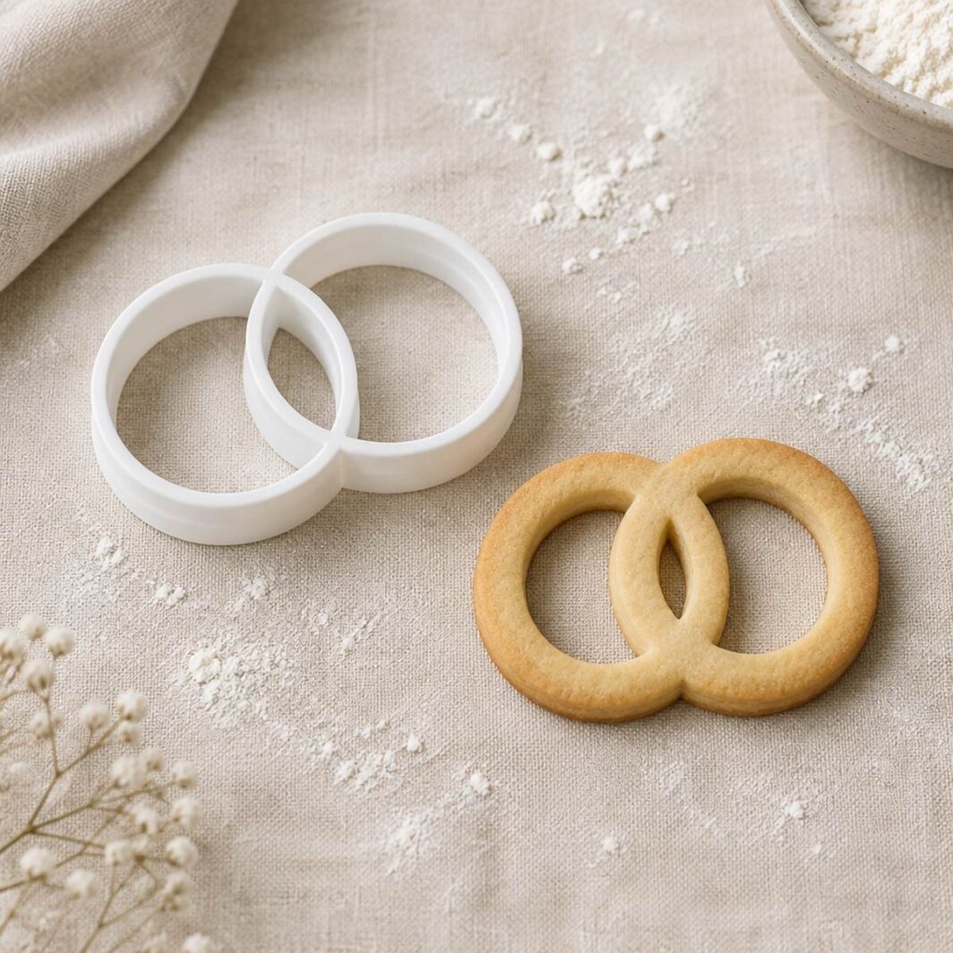 Cortador de galletas con forma de anillos junto a una galleta horneada con la misma forma