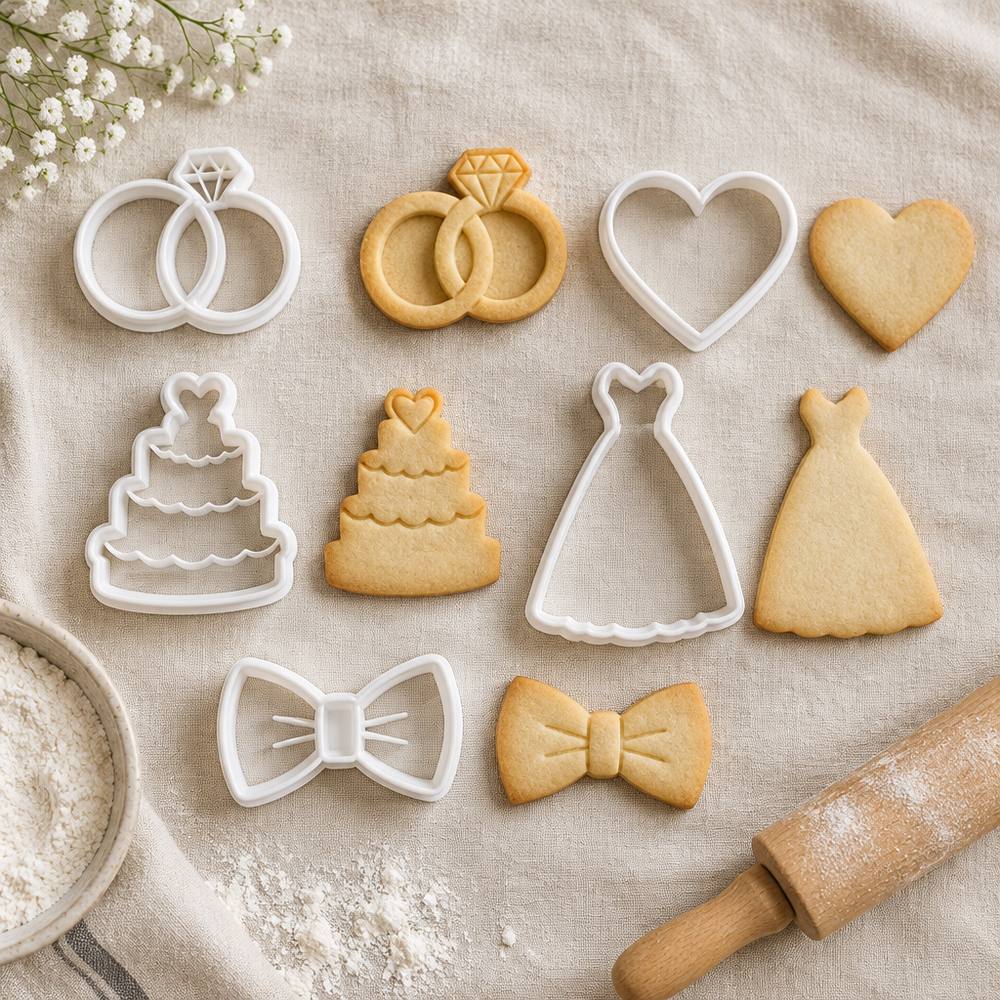 Pack de cinco cortadores de galletas de boda junto a sus galletas horneadas