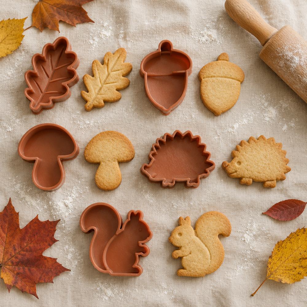 Pack de cinco cortadores de galletas de bosque de otoño junto a sus galletas horneadas