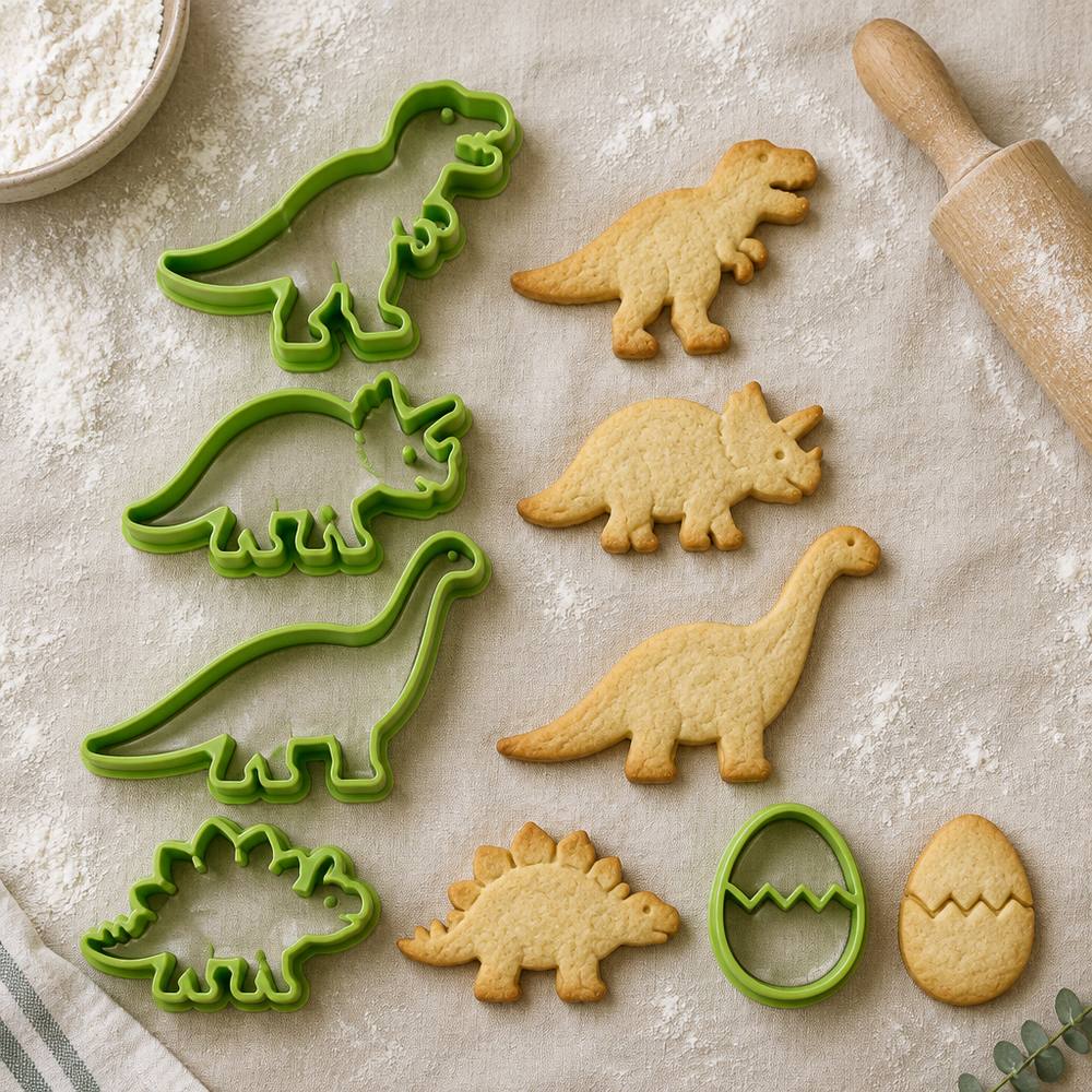 Pack de cinco cortadores de galletas de dinosaurios junto a sus galletas horneadas