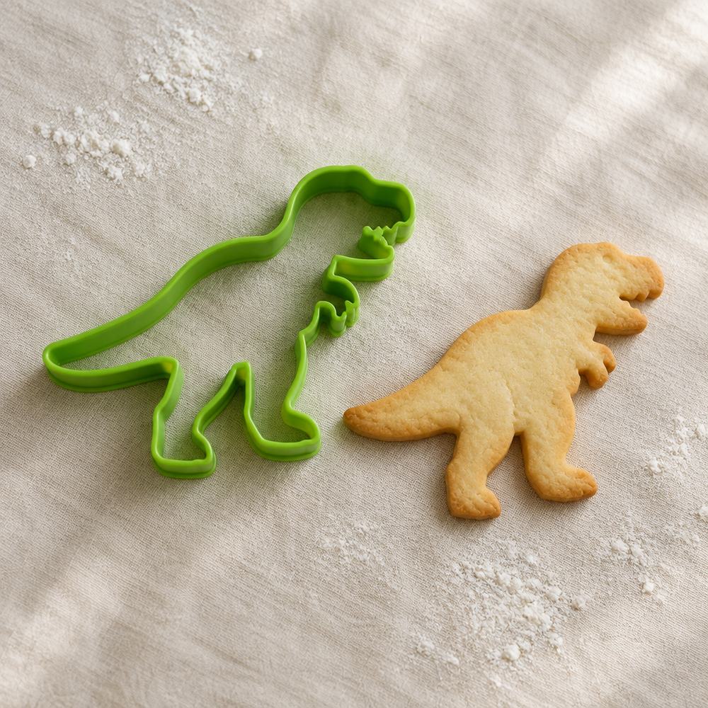 Cortador de galletas con forma de t-rex junto a una galleta horneada con la misma forma