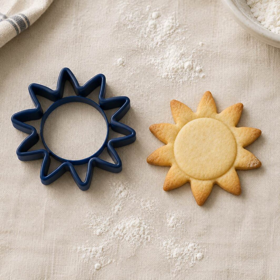 Cortador de galletas con forma de sol junto a una galleta horneada con la misma forma