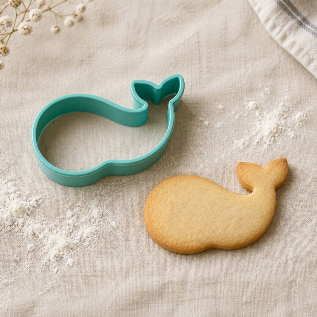 Cortador de galletas con forma de ballena junto a una galleta horneada con la misma forma