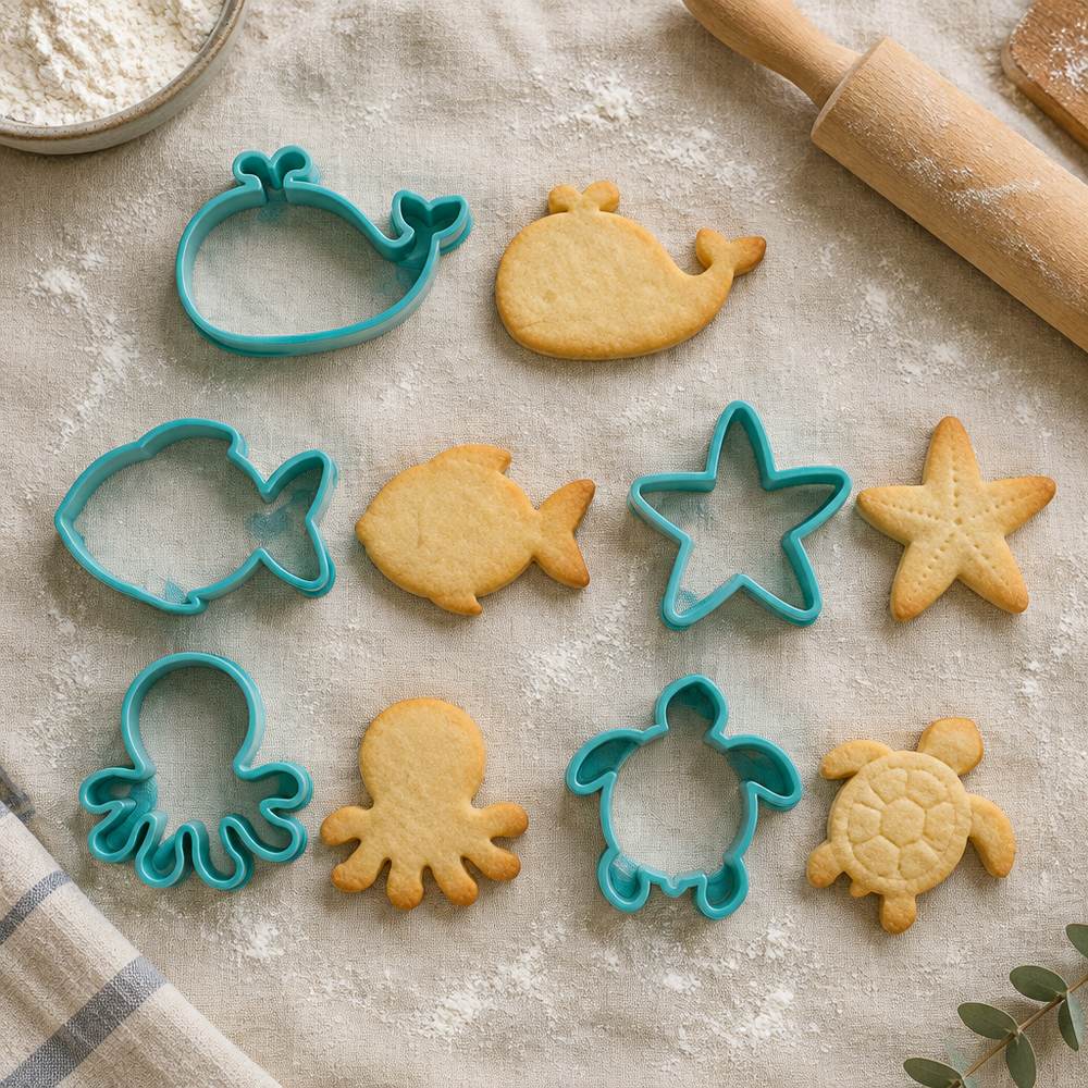 Pack de cinco cortadores de galletas de fondo marino junto a sus galletas horneadas