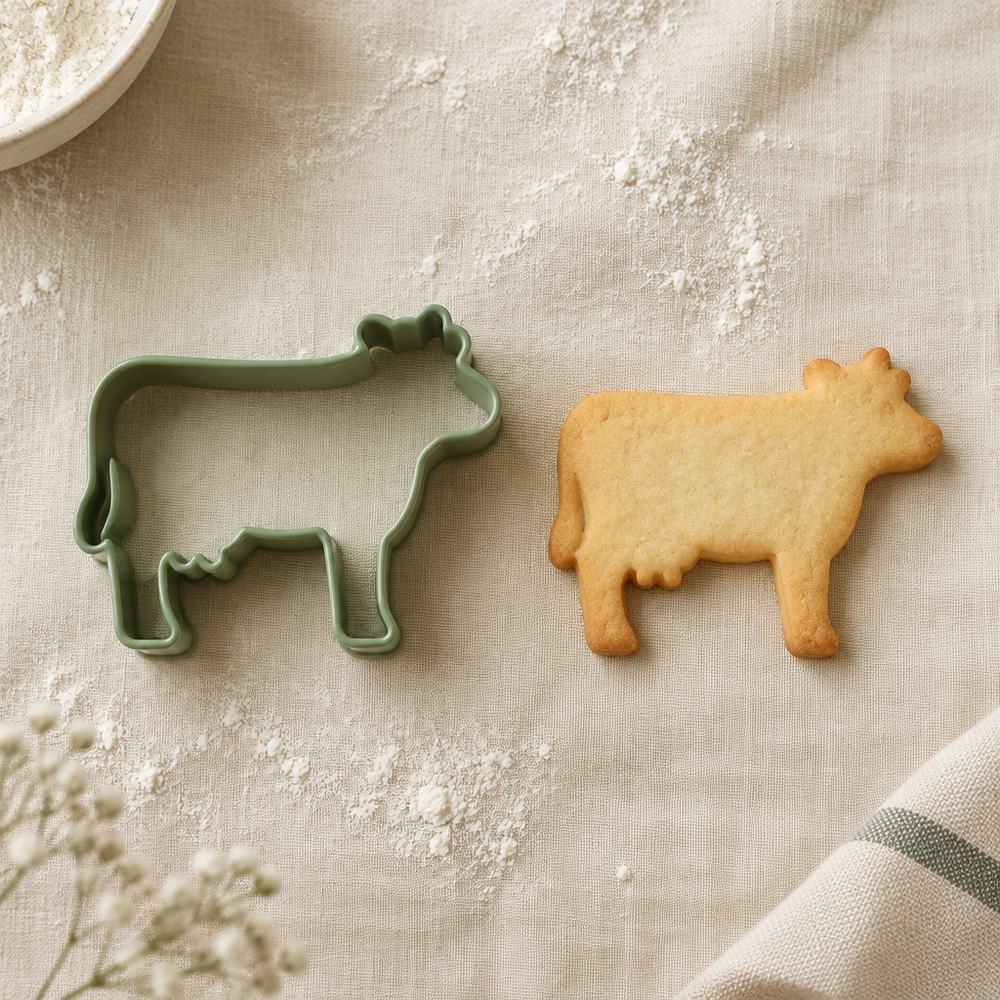 Cortador de galletas con forma de vaca junto a una galleta horneada con la misma forma