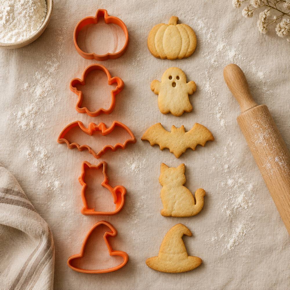 Pack de cinco cortadores de galletas de Halloween junto a sus galletas horneadas