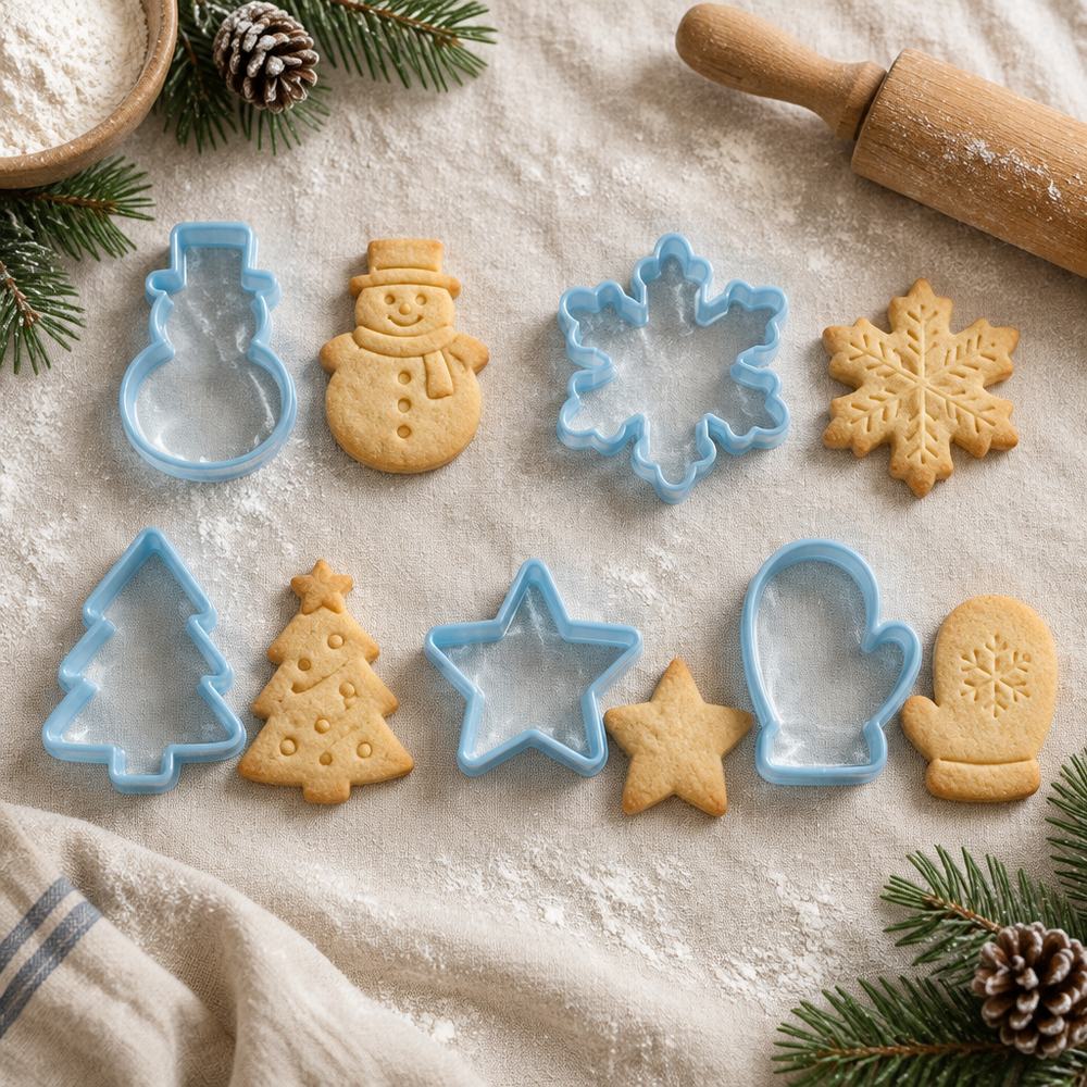 Pack de cinco cortadores de galletas de invierno: muñeco de nieve, copo de nieve, árbol de Navidad, estrella y manopla, junto a sus galletas