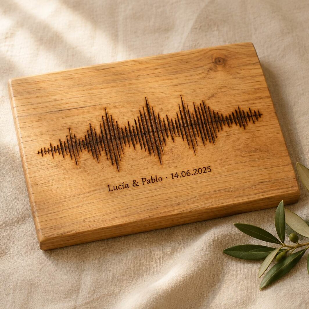 Tabla de madera maciza en horizontal con la frecuencia de una canción pirograbada a mano y el texto «Lucía & Pablo · 14.06.2025»