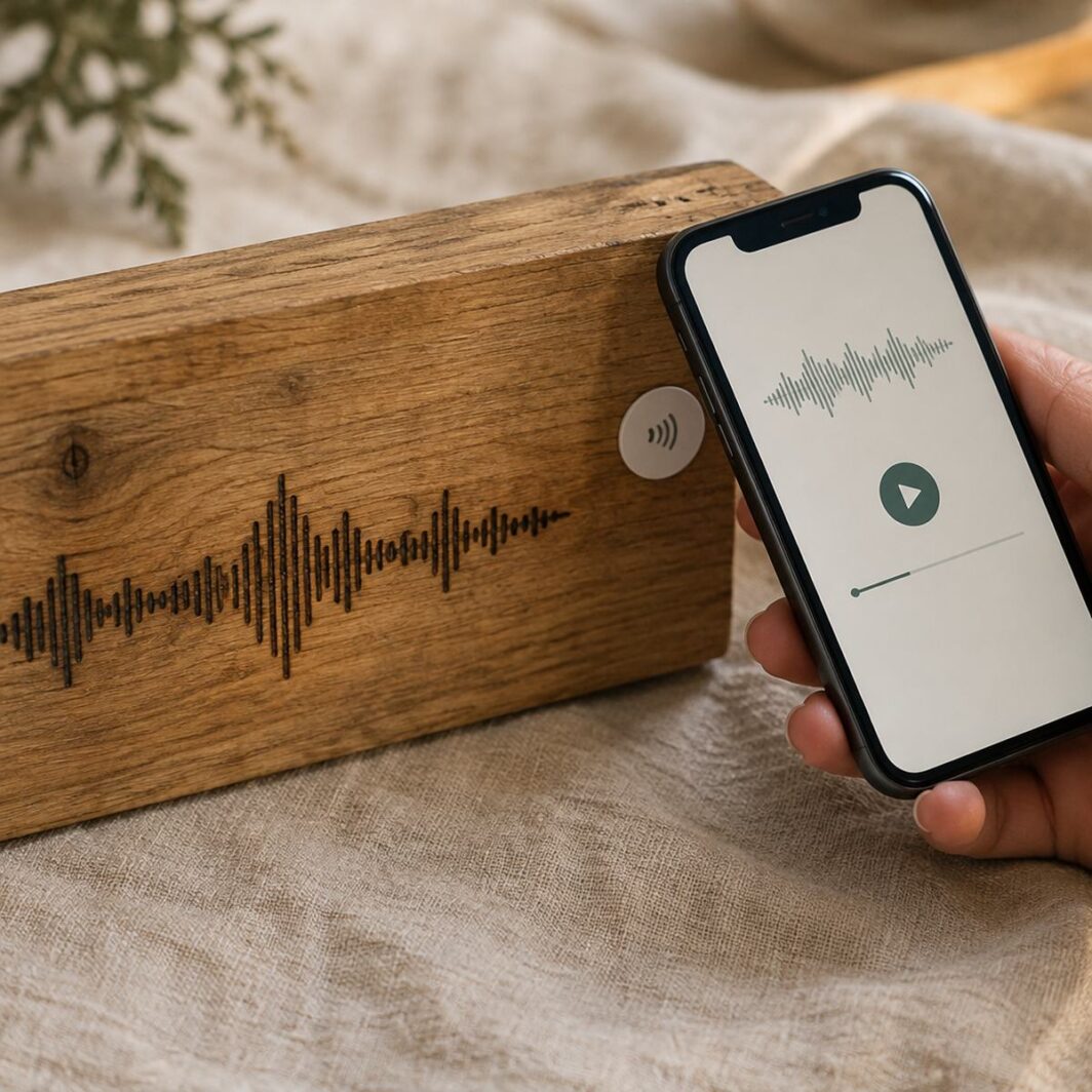 Móvil acercado a la etiqueta NFC del cuadro de frecuencia musical que reproduce la canción
