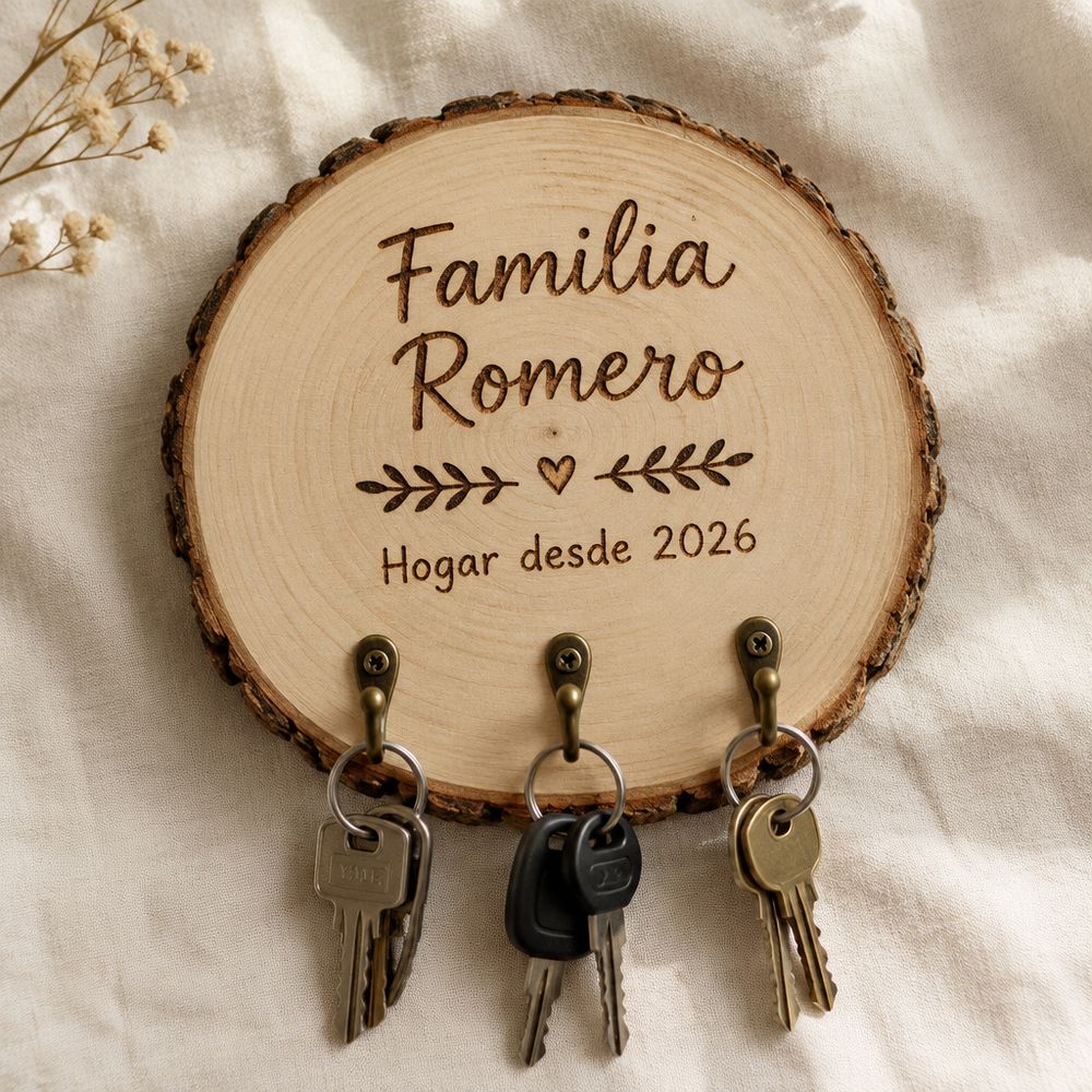 Cuelgallaves de rodaja de madera con tres ganchos de latón, llaves y el texto «Familia Romero · Hogar desde 2026»