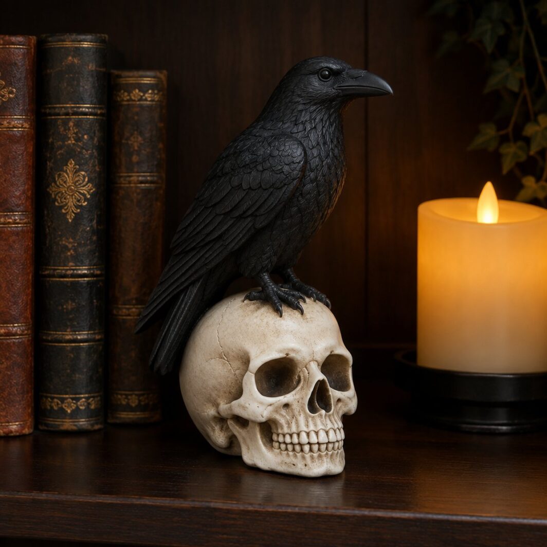 Figura de un cuervo negro posado sobre una calavera blanca en una estantería con libros antiguos