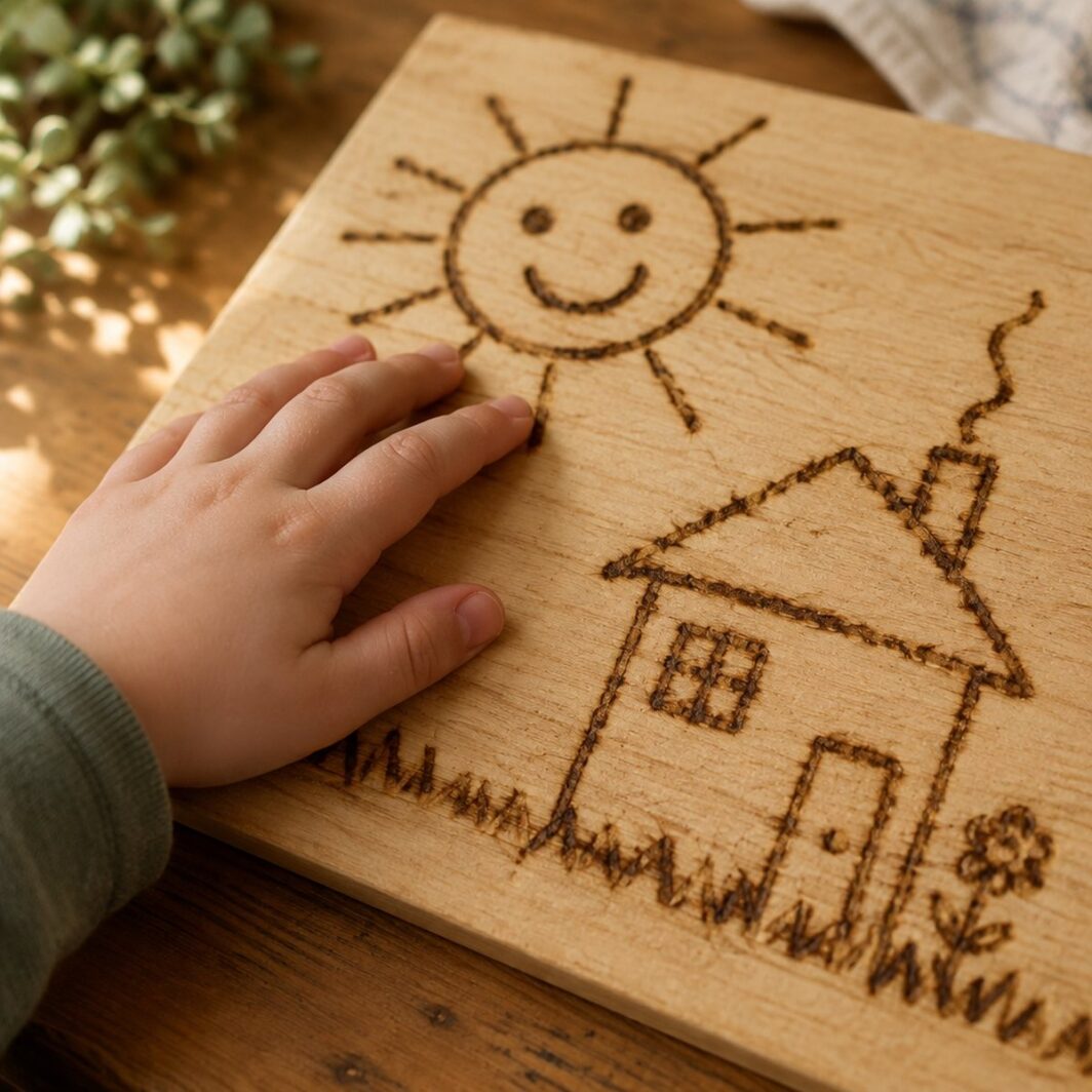 Mano de un niño tocando la tabla de madera con su dibujo del sol y la casa grabado a fuego