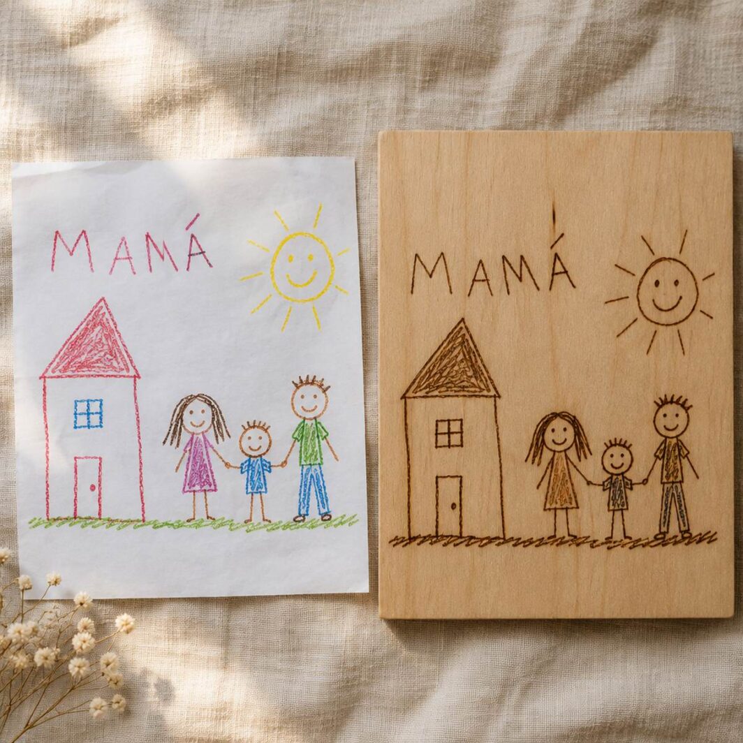 Dibujo infantil original con ceras junto a una tabla de madera con el mismo dibujo reproducido sin corregir con pirograbado