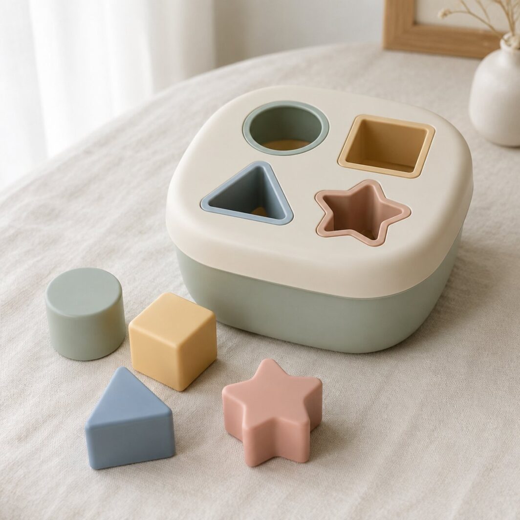 Caja encajable crema y salvia con huecos de círculo, cuadrado, triángulo y estrella y sus piezas pastel delante