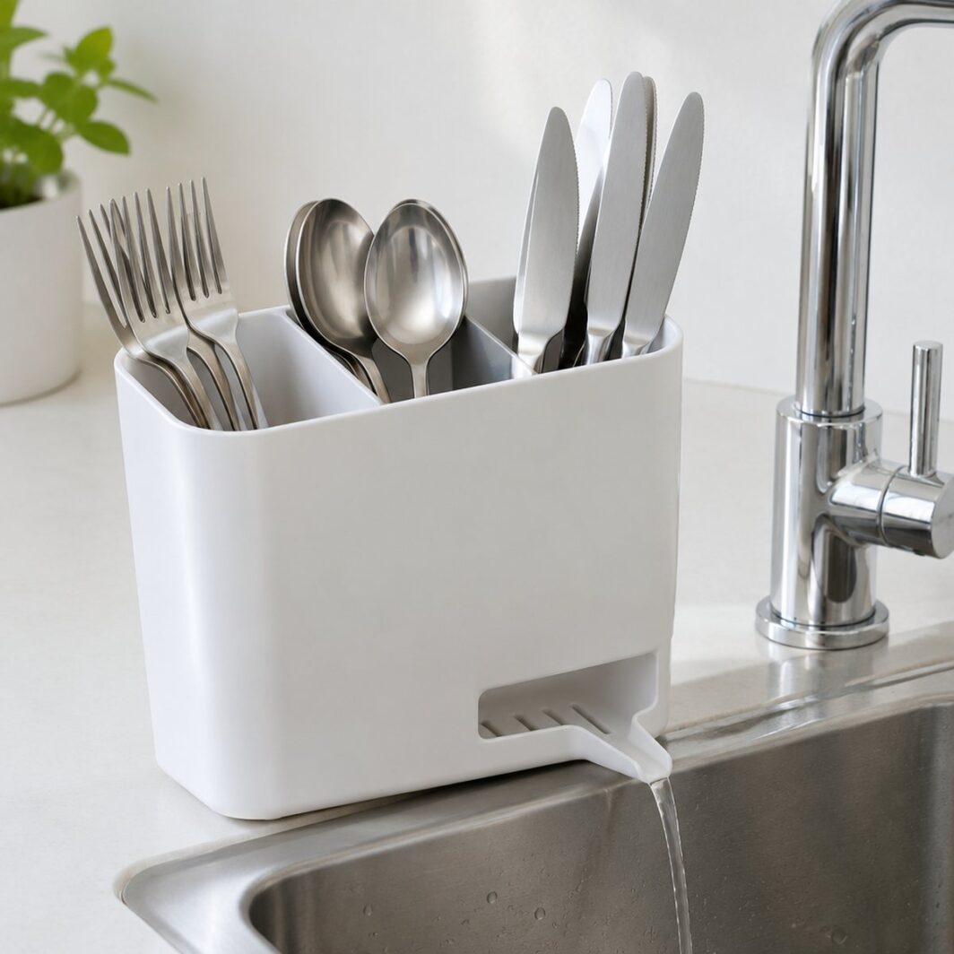 Escurridor de cubiertos blanco con boquilla que vierte el agua al fregadero junto al grifo