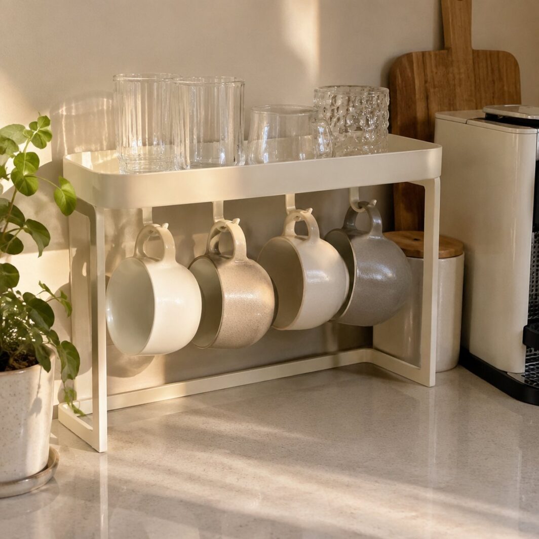 Estante compacto en crema con tazas de café colgadas y vasos encima sobre una encimera