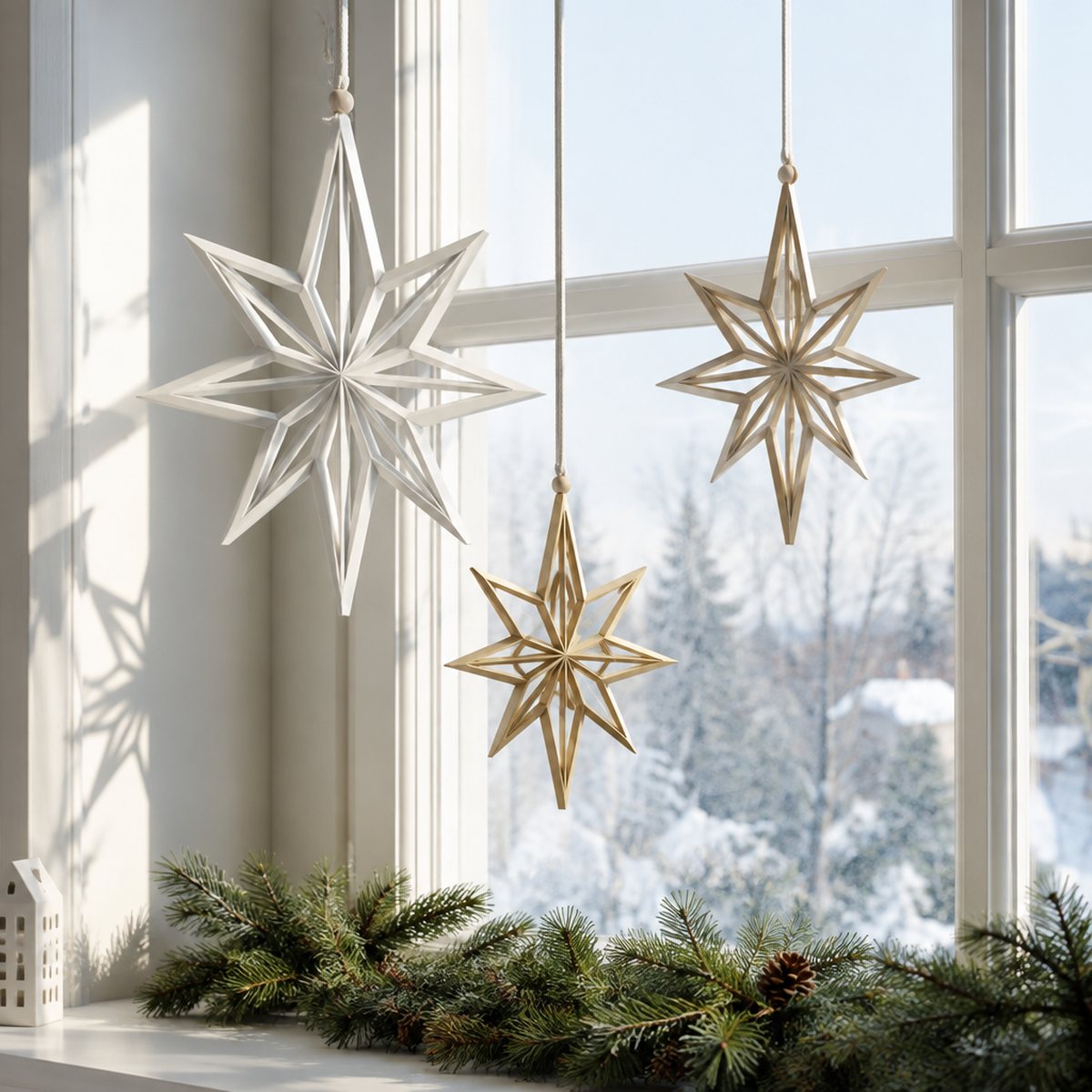 Tres estrellas de Navidad caladas en blanco y dorado colgadas en una ventana