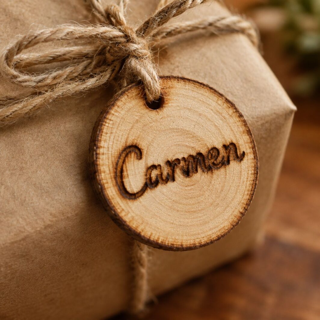 Detalle de una etiqueta de regalo de madera con un nombre grabado a mano atada con cordel de yute