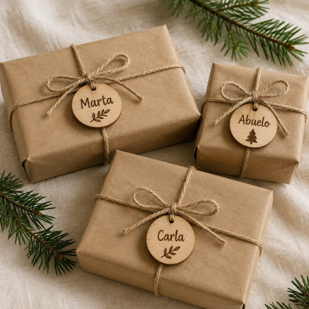 Regalos envueltos en papel kraft con etiquetas de madera pirograbadas con los nombres Marta, Abuelo y Carla