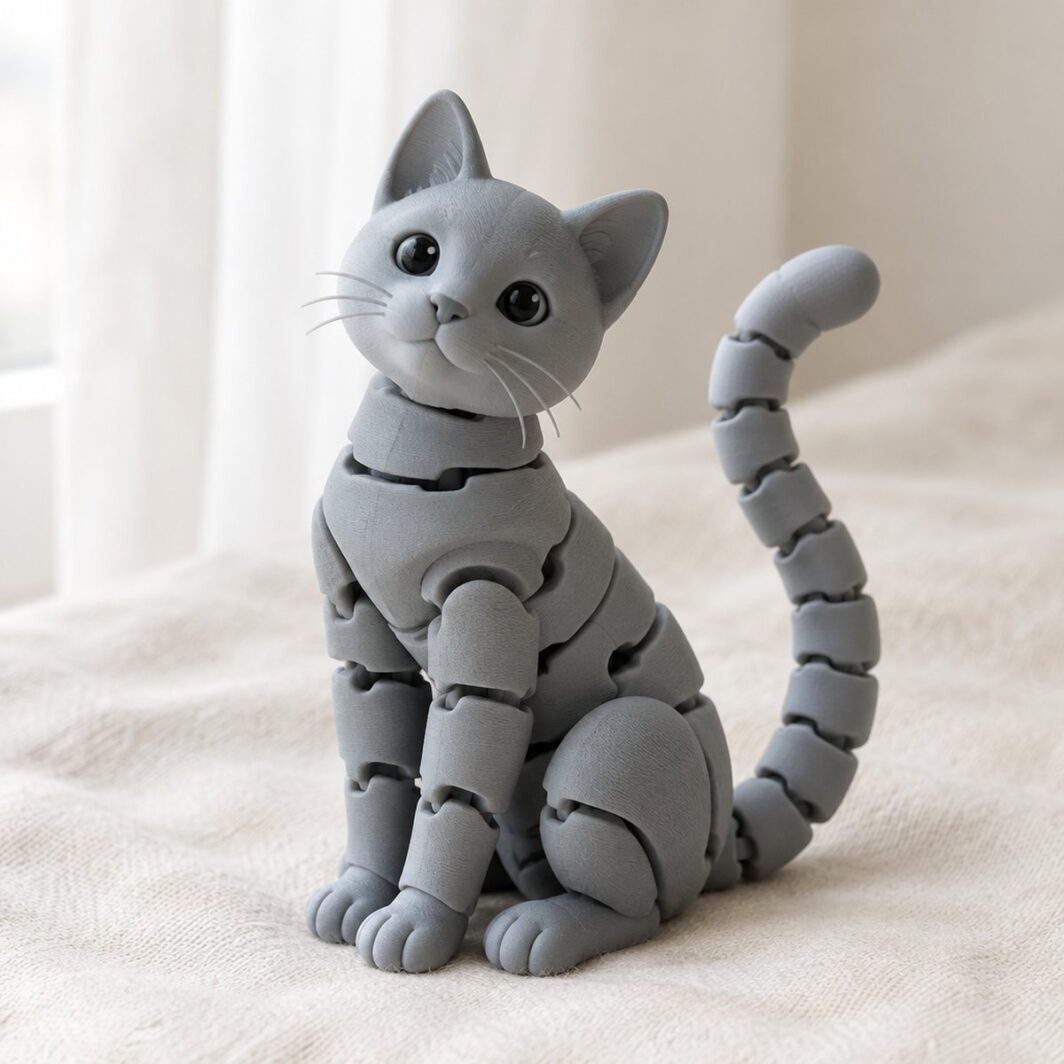Gato articulado gris sentado con la cola de segmentos levantada sobre lino crema