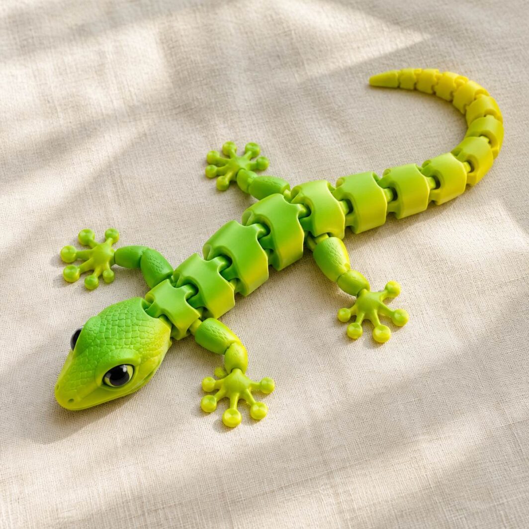 Gecko articulado verde lima y amarillo con patas abiertas y cola enroscada sobre lino crema