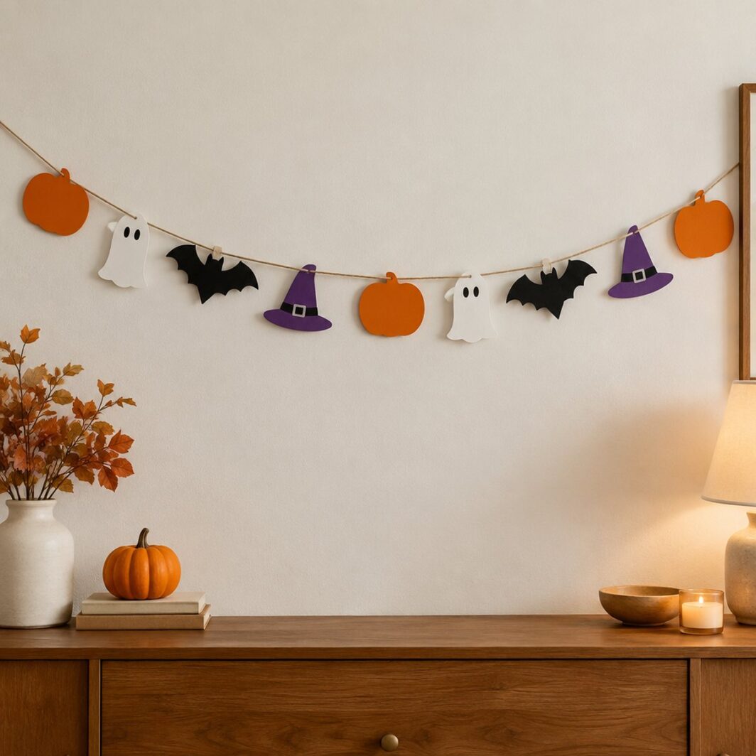 Guirnalda de Halloween con calabazas, fantasmas, murciélagos y sombreros de bruja colgados de un cordel de yute